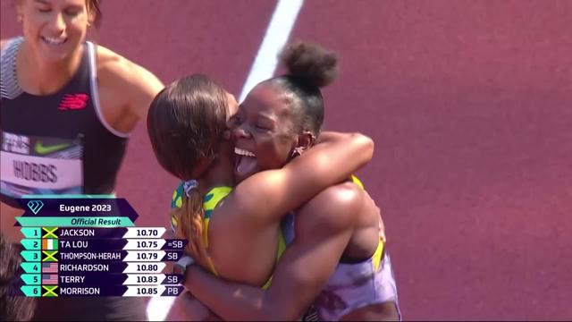 Eugene (USA), 100m dames: victoire en 10.70 pour Shericka Jackson (JAM) devant Ta Lou (CIV) et Thompson (JAM)