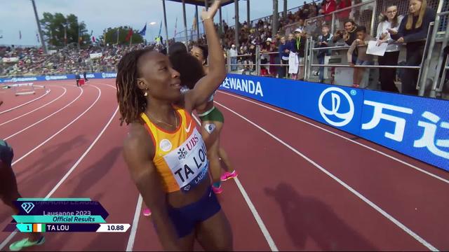 Lausanne (SUI), 100m dames: Marie-Josée Ta Lou (CIV) remporte la course aisément en 10:88, Mujinga Kambundji (SUI) finit 8e en 11:41