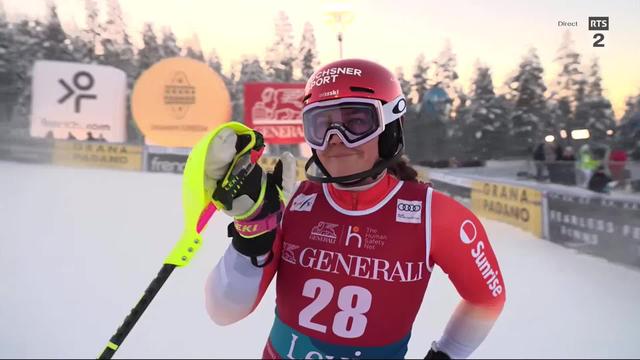 Levi (FIN), slalom dames, 1re manche: Mélanie Meillard (SUI) limite la casse avec son dossard n°28 et se qualifie pour la 2e manche