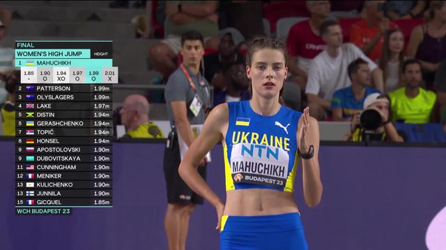 Budapest (HUN), hauteur dames, finale: Mahuchikh (UKR) franchit une barre à 2,01m à son 2e essai pour se parer d'or