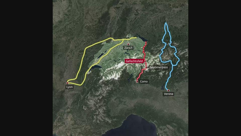 La carte des déplacements romains à travers les Alpes