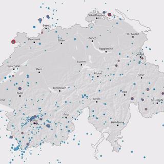 Les séismes recensés par le Service sismologique suisse survenus en 2023 en Suisse