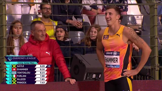 Bruxelles (BEL), saut en longueur messieurs: une belle 2e place pour Simon Ehammer (SUI) avec un saut à 8m16