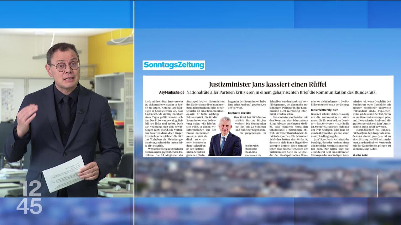 La presse dominicale revient sur les critiques des conseillers nationaux contre le conseiller fédéral Beat Jans, qu’ils accusent de dissimuler des informations importantes