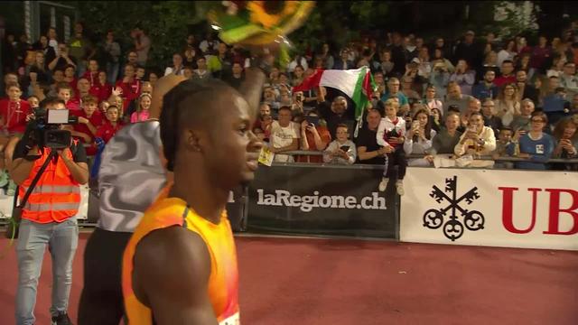 Bellinzone (SUI), finale 100m messieurs: Ackeem Blake (JAM) termine en 9"96, William Jeff Reais (SUI) termine 8e en 10"45