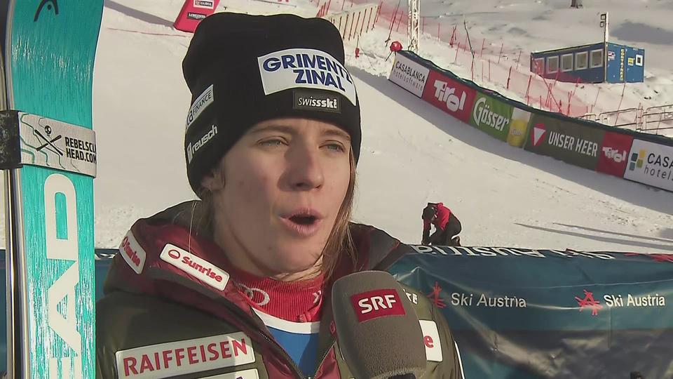 Camille Rast (SUI) à l'interview après son premier podium en Coupe du monde