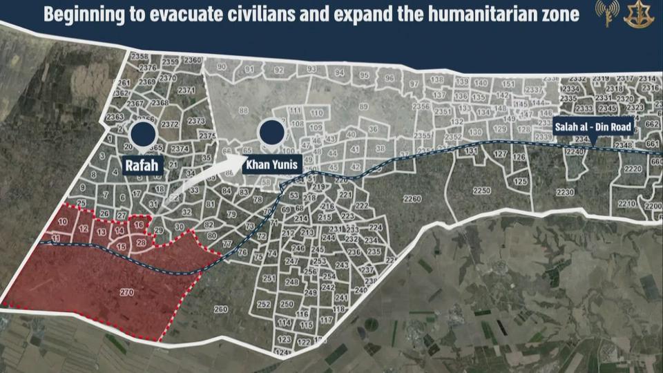 Infographie de l'armée israélienne qui encourage les habitants de l'est de Rafah à rejoindre des "zones humanitaires"