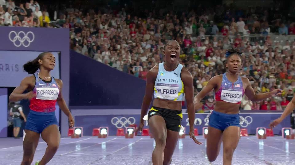 100m dames, finale: M. Kambundji (SUI) termine 6ème, J. Alfred (LCA) médaillée d'or