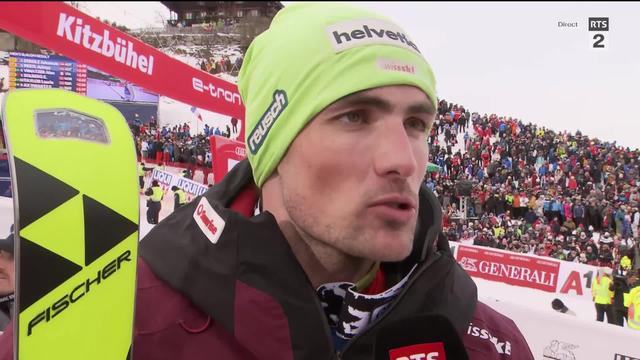 Kitzbühel (AUT), slalom messieurs, 2e manche: Daniel Yule (SUI) à l'interview après son podium