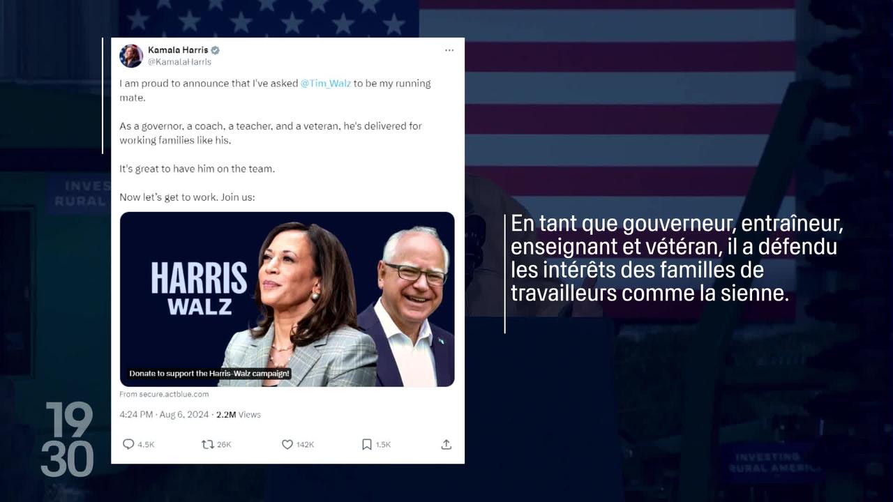 Kamala Harris sera accompagnée par l'actuel gouverneur du Minnesota Tim Walz sur le ticket démocrate pour la présidentielle américaine