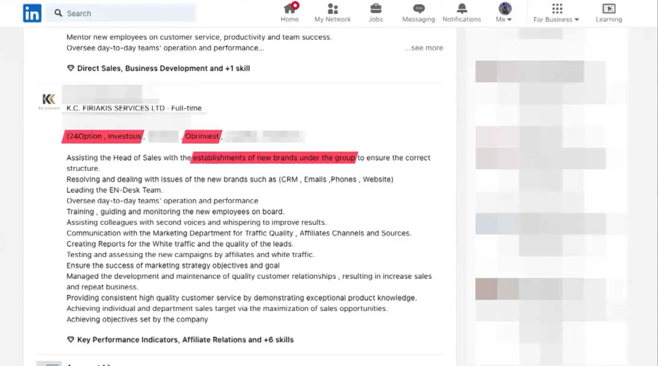 Cette description indique même que K.C. Firiakis souhaitait créer de nouvelles plateformes. Après que SRF Investigativ a contacté les anciens collaborateurs, ces descriptions ont été adaptées ou les profils LinkedIn ont carrément disparu. [SRF Investigativ]