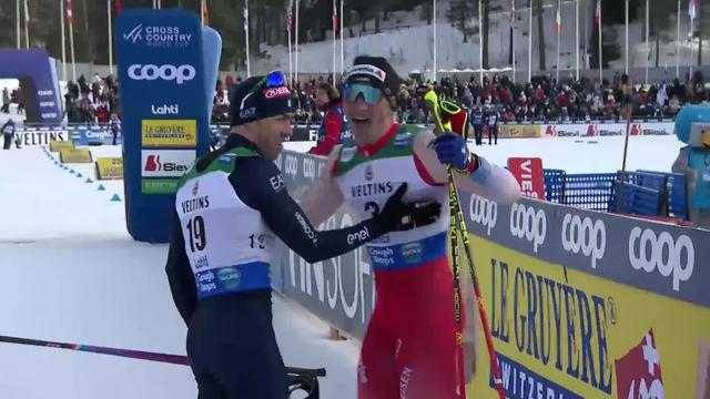 Lahti (FIN), finale sprint messieurs: podium pour Valerio Grond (SUI) qui termine 3e derrière Chanavat Lucas (FRA) 2e et Johannes Hosflot Klaebo (NOR) 1er
