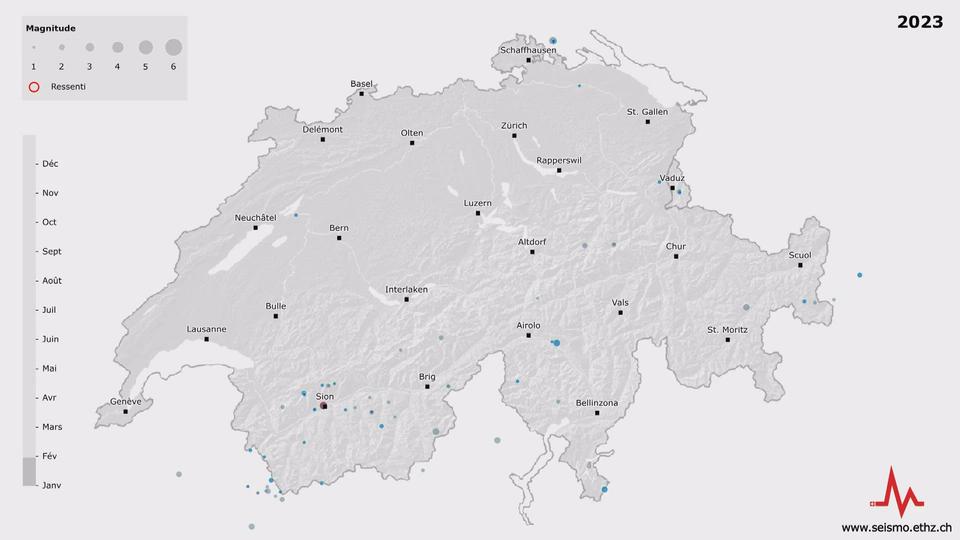 Les séismes recensés par le Service sirmologique suisse survenus en 2023 en Suisse