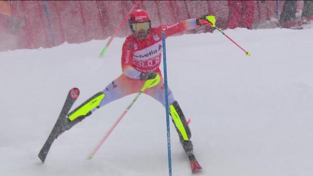 Adelboden (SUI), slalom messieurs 1re manche: Loïc Meillard (SUI) éliminé avec le maillot rouge de leader