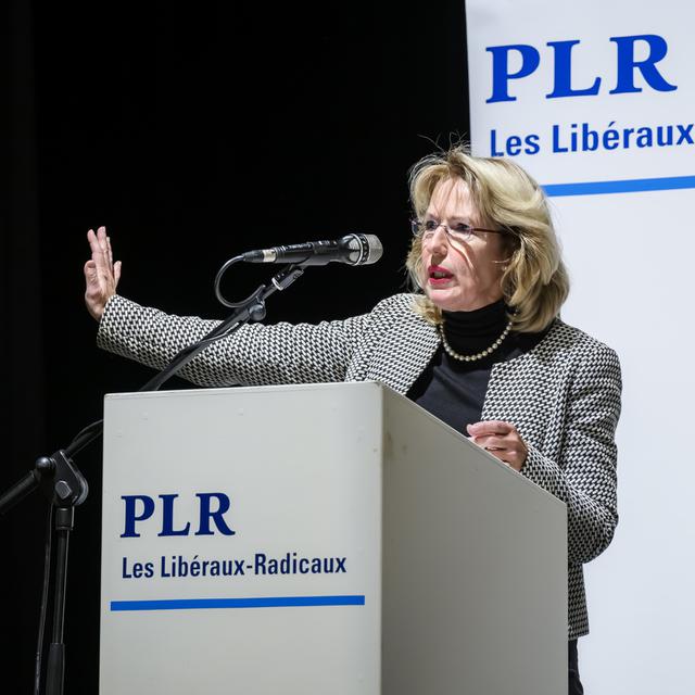 Jacqueline De Quattro lors du congrès du PLR Vaud à Savigny, 08.12.2022. [Keystone - Jean-Christophe Bott]