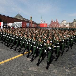 Soldats russes à la parade sur la Place rouge à Moscou, le 7 mai 2022, en préparation du défilé du 9 mai.