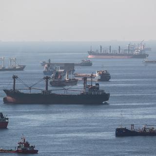 Des bateaux cargos transportant des céréales ukrainiennes, en attente d'inspection dans la mer de Marmara, le 22 juillet 2022.